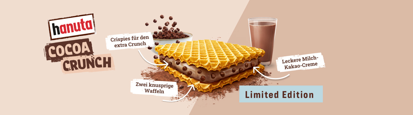 hanuta Cocoa Crunch: Crispies für den extra Crunch, zwei knusprige Waffeln, leckere Milch-Kakao-Creme – Limited Edition